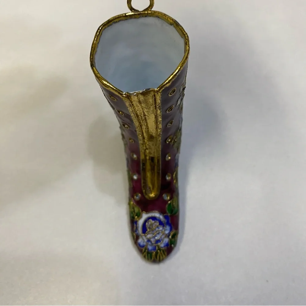 Vintage Cloisonné Shoe Boot Figurine Ornament Enamel Floral Decorative